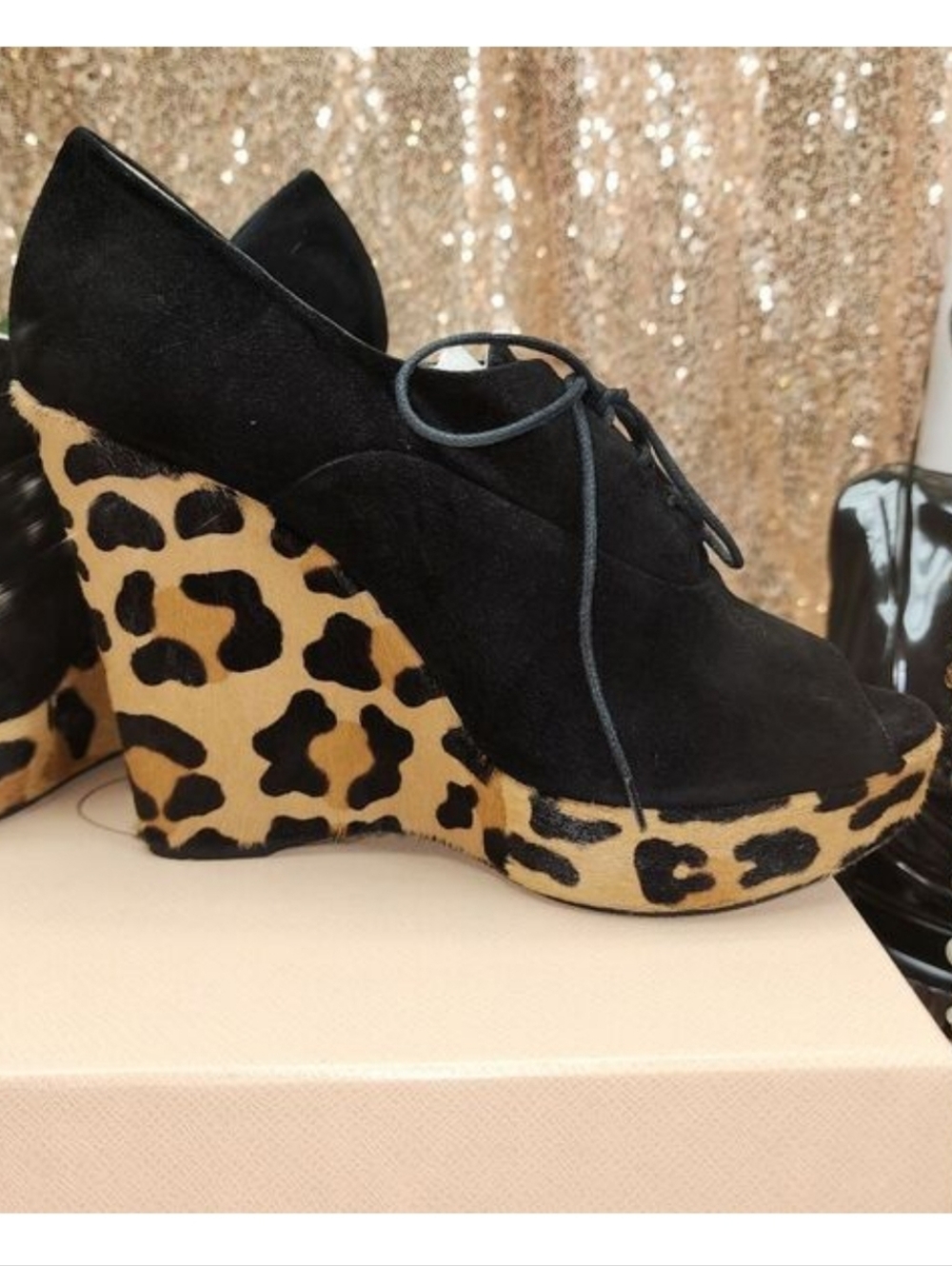 Prada Leopard Peep Toe Wedge Heel Authentic NIB